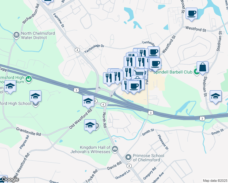 map of restaurants, bars, coffee shops, grocery stores, and more near 172 Drum Hill Road in Chelmsford
