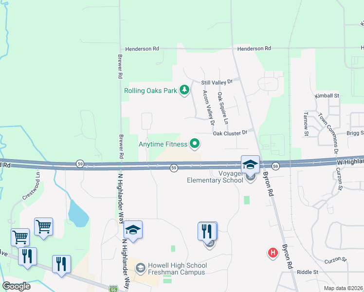 map of restaurants, bars, coffee shops, grocery stores, and more near 1080 West Highland Road in Howell