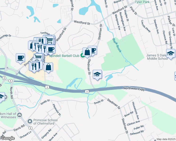map of restaurants, bars, coffee shops, grocery stores, and more near 225 Stedman Street in Lowell