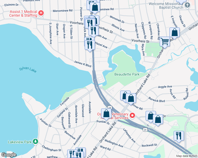 map of restaurants, bars, coffee shops, grocery stores, and more near 2030 Garland Street in Sylvan Lake