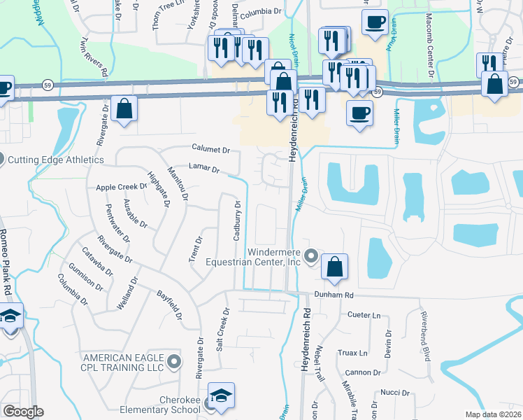 map of restaurants, bars, coffee shops, grocery stores, and more near 44191 Rina Lane in Clinton Township