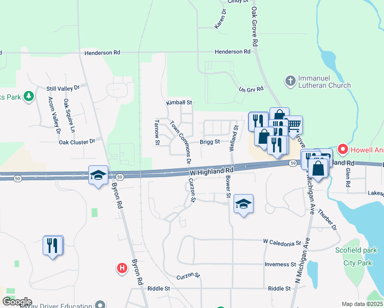 map of restaurants, bars, coffee shops, grocery stores, and more near 1600 Town Commons Drive in Howell