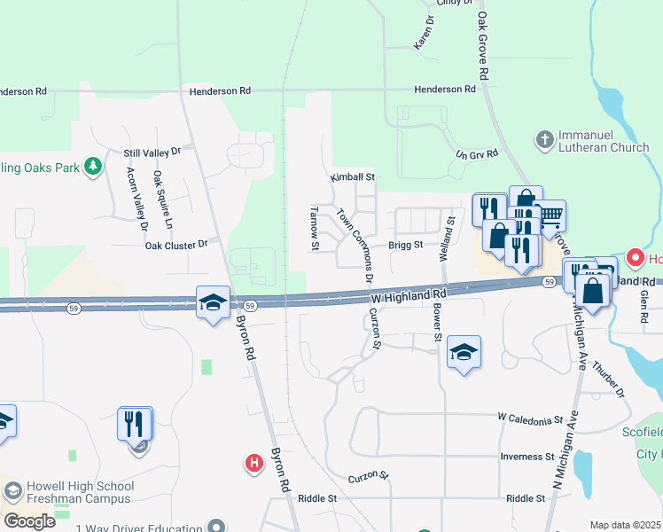 map of restaurants, bars, coffee shops, grocery stores, and more near 605 Pere Marquette Street in Howell