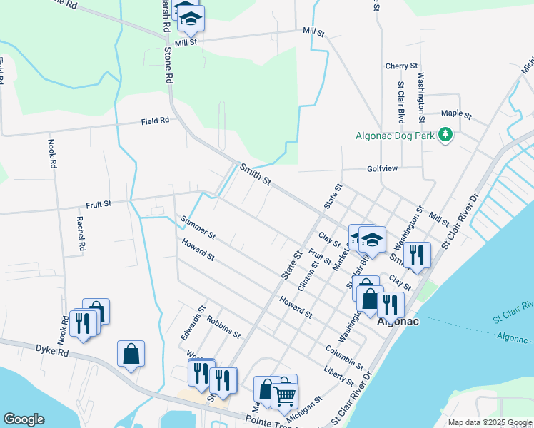 map of restaurants, bars, coffee shops, grocery stores, and more near 1101 Fruit Street in Algonac