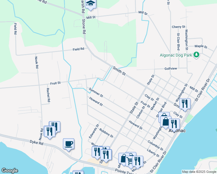 map of restaurants, bars, coffee shops, grocery stores, and more near 1100 Summer Street in Algonac