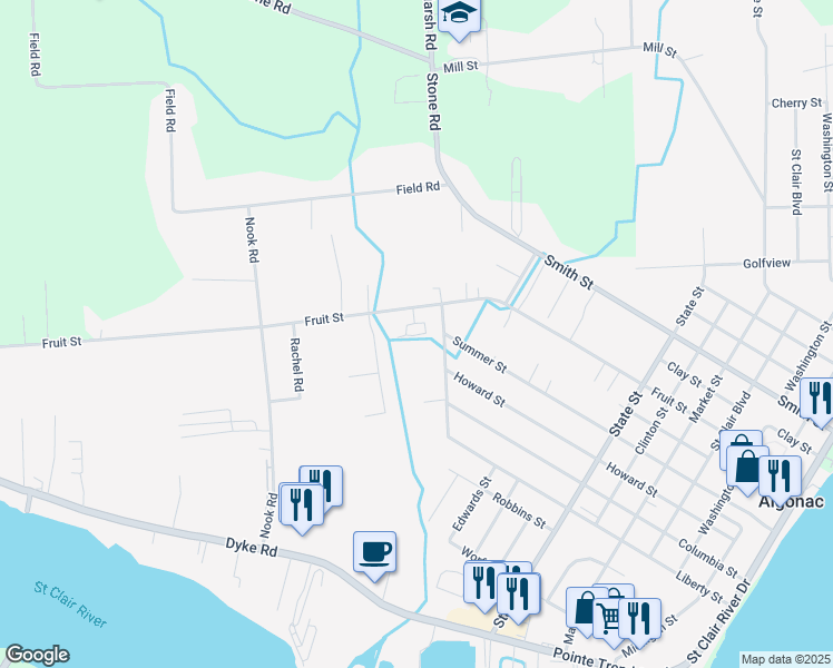 map of restaurants, bars, coffee shops, grocery stores, and more near 901 Scout Drive in Algonac