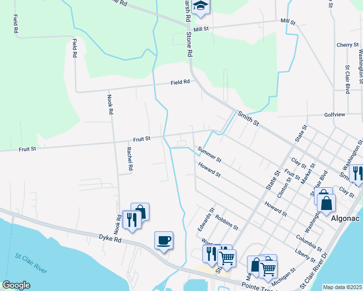 map of restaurants, bars, coffee shops, grocery stores, and more near 901 Scout Drive in Algonac
