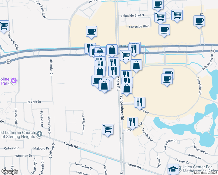 map of restaurants, bars, coffee shops, grocery stores, and more near 44625 Schoenherr Road in Sterling Heights