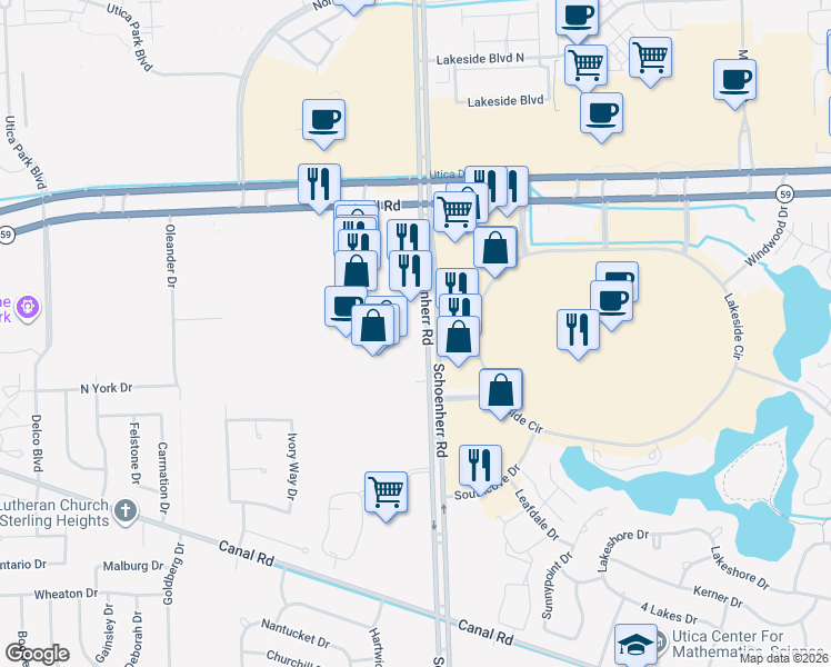 map of restaurants, bars, coffee shops, grocery stores, and more near 44677 Schoenherr Road in Sterling Heights