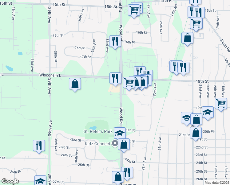 map of restaurants, bars, coffee shops, grocery stores, and more near 1922 30th Avenue in Kenosha