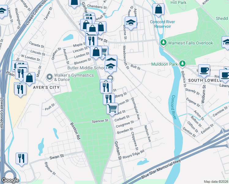 map of restaurants, bars, coffee shops, grocery stores, and more near 47R Lundberg Street in Lowell