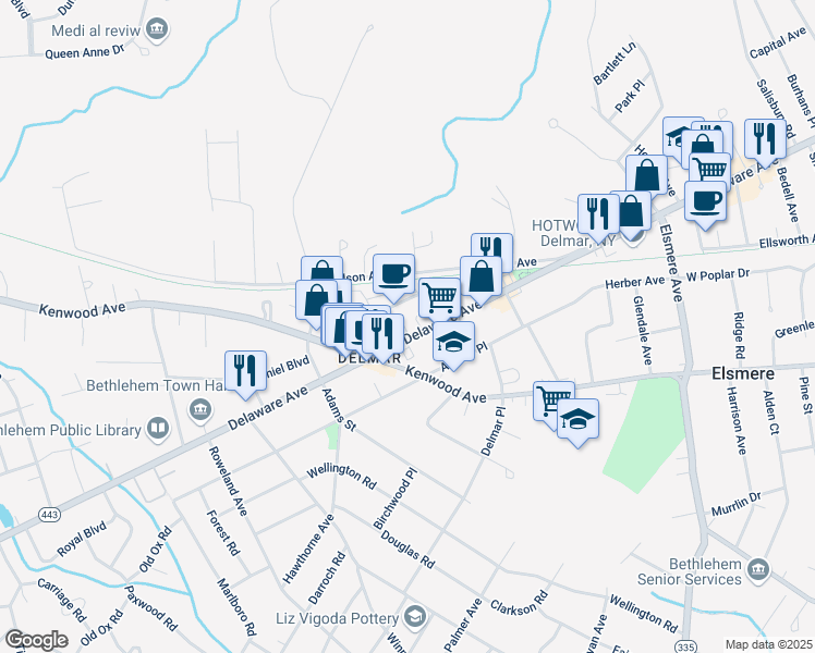 map of restaurants, bars, coffee shops, grocery stores, and more near 351 Delaware Avenue in Delmar