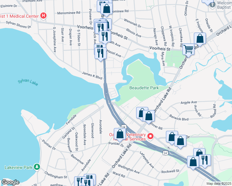 map of restaurants, bars, coffee shops, grocery stores, and more near 31 Canal Drive in Pontiac