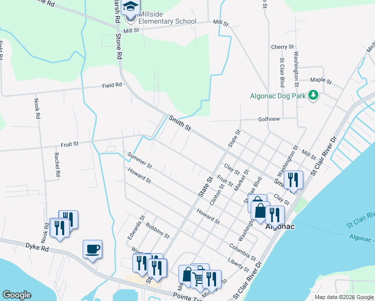 map of restaurants, bars, coffee shops, grocery stores, and more near 1101 Fruit Street in Algonac