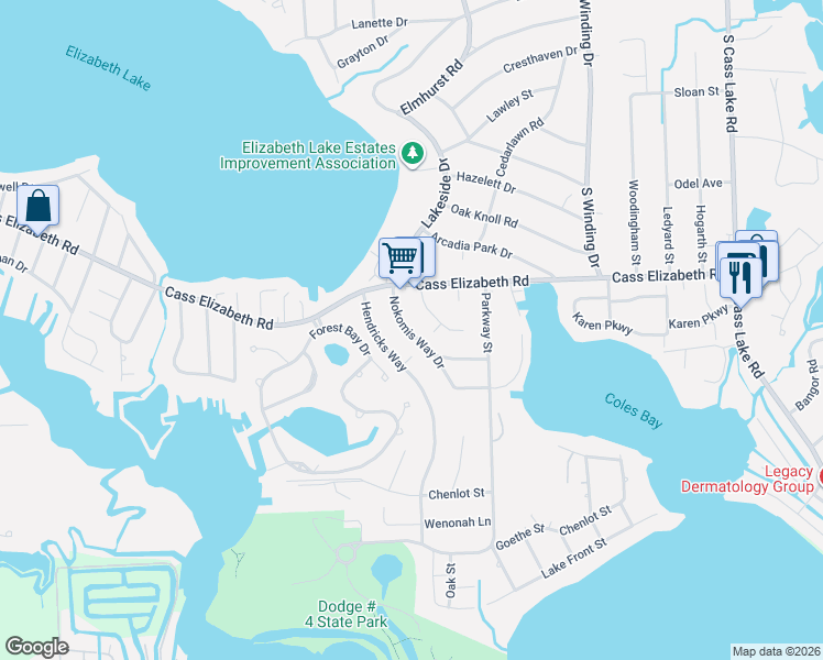 map of restaurants, bars, coffee shops, grocery stores, and more near 1090 Nokomis Way Drive in Waterford Township