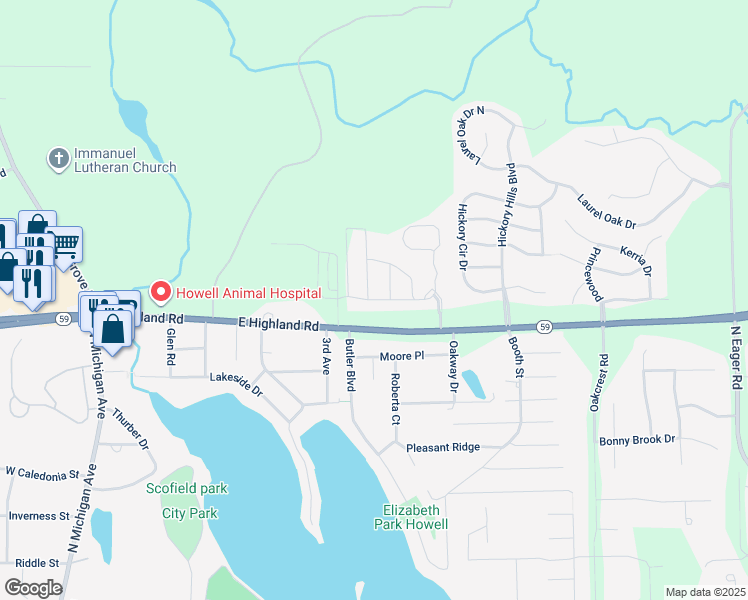 map of restaurants, bars, coffee shops, grocery stores, and more near Joe Richards Drive in Howell