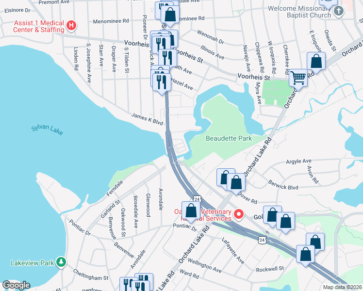 map of restaurants, bars, coffee shops, grocery stores, and more near 31-49 Canal Drive in Pontiac