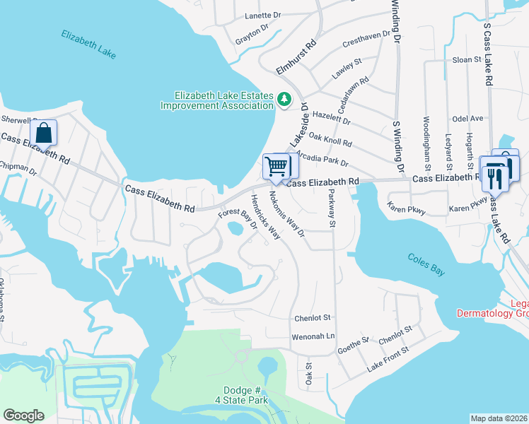 map of restaurants, bars, coffee shops, grocery stores, and more near 1085 Hendricks Way in Waterford Township