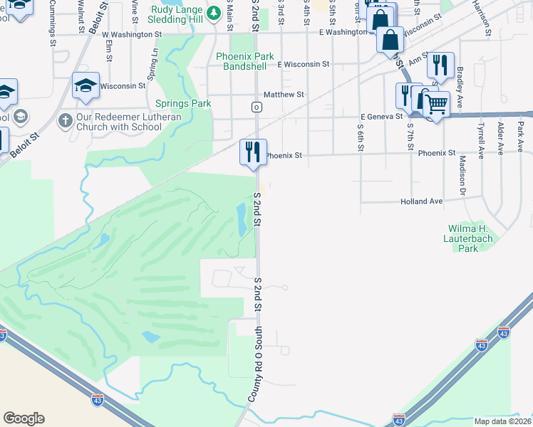 map of restaurants, bars, coffee shops, grocery stores, and more near 713 South 2nd Street in Delavan