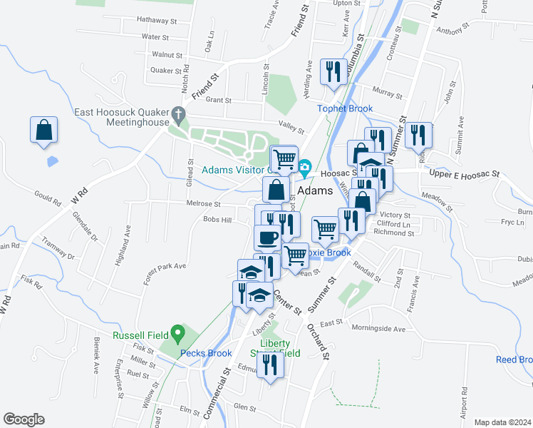 map of restaurants, bars, coffee shops, grocery stores, and more near 70 Park Street in Adams