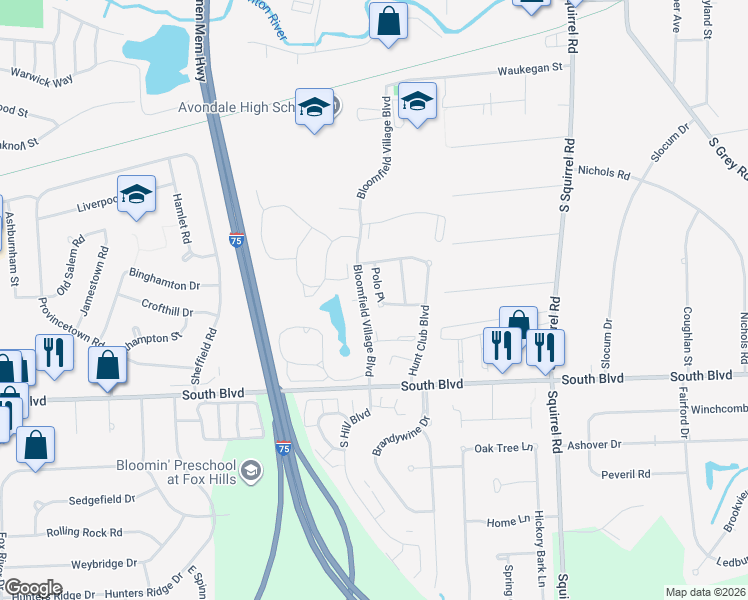 map of restaurants, bars, coffee shops, grocery stores, and more near 822 Bloomfield Village Boulevard in Auburn Hills