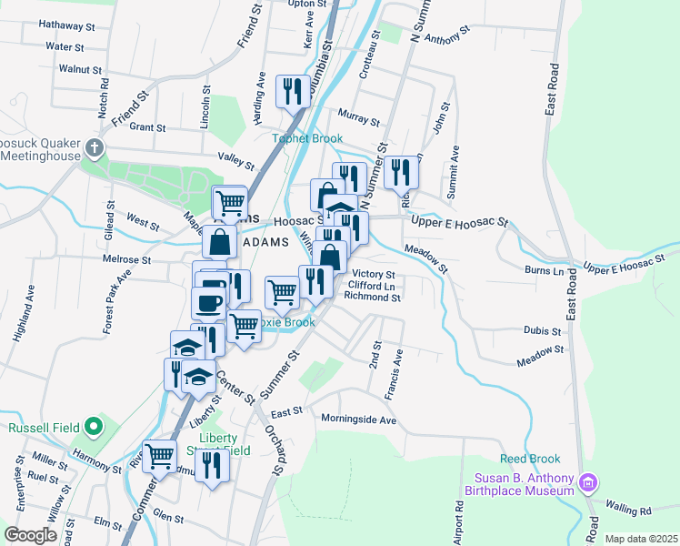map of restaurants, bars, coffee shops, grocery stores, and more near 64 Summer Street in Adams