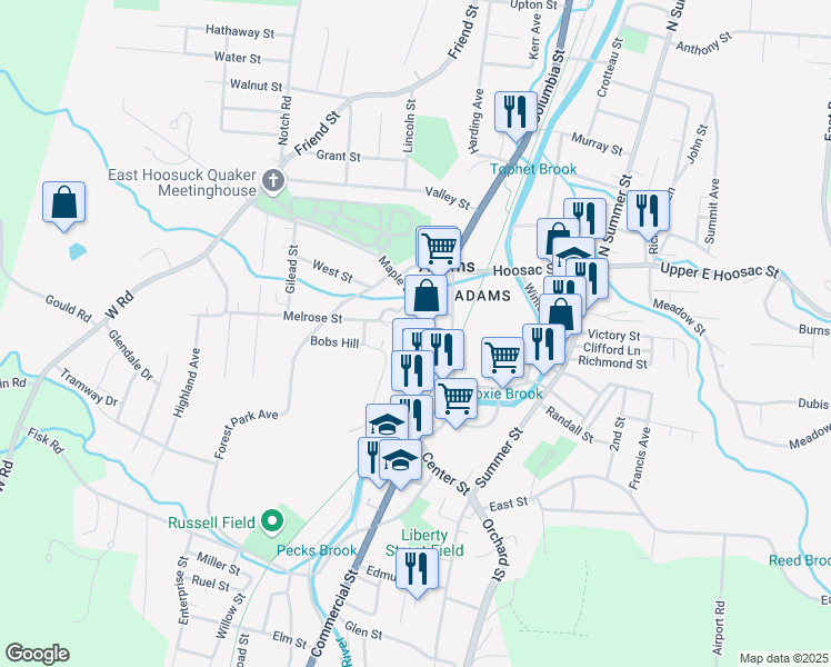 map of restaurants, bars, coffee shops, grocery stores, and more near 42 Park Street in Adams