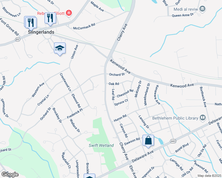 map of restaurants, bars, coffee shops, grocery stores, and more near 16 Leaf Road in Delmar