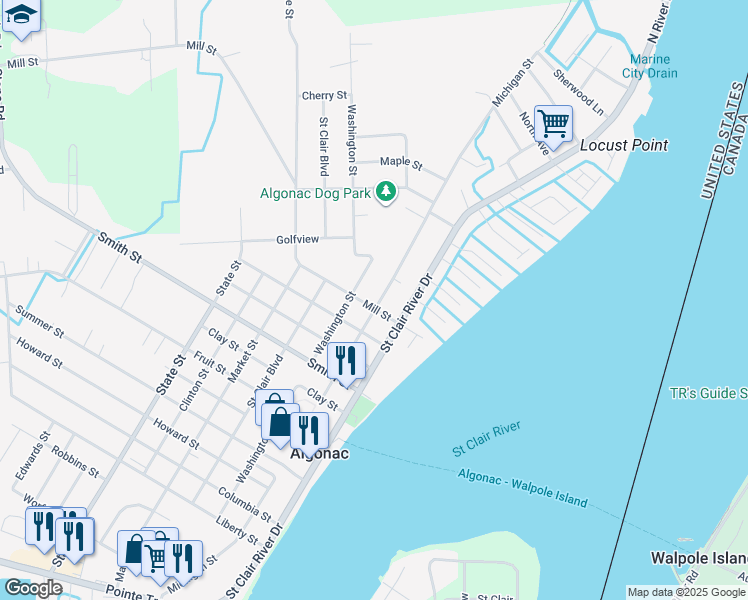 map of restaurants, bars, coffee shops, grocery stores, and more near 321 Mill Street in Algonac
