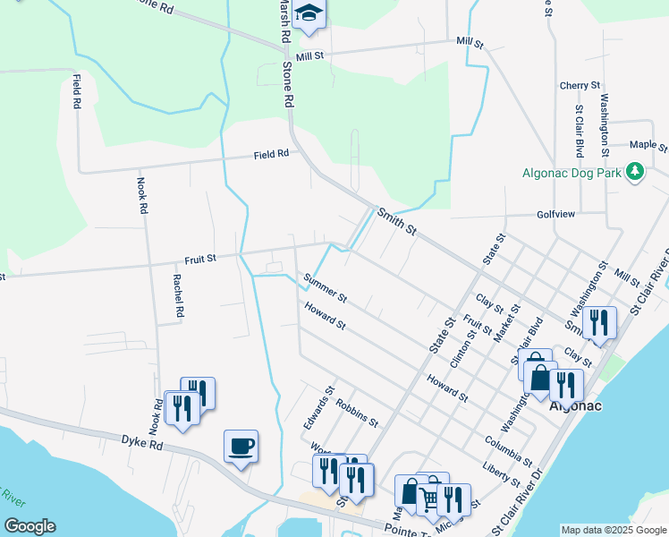 map of restaurants, bars, coffee shops, grocery stores, and more near 1110 Summer Street in Algonac