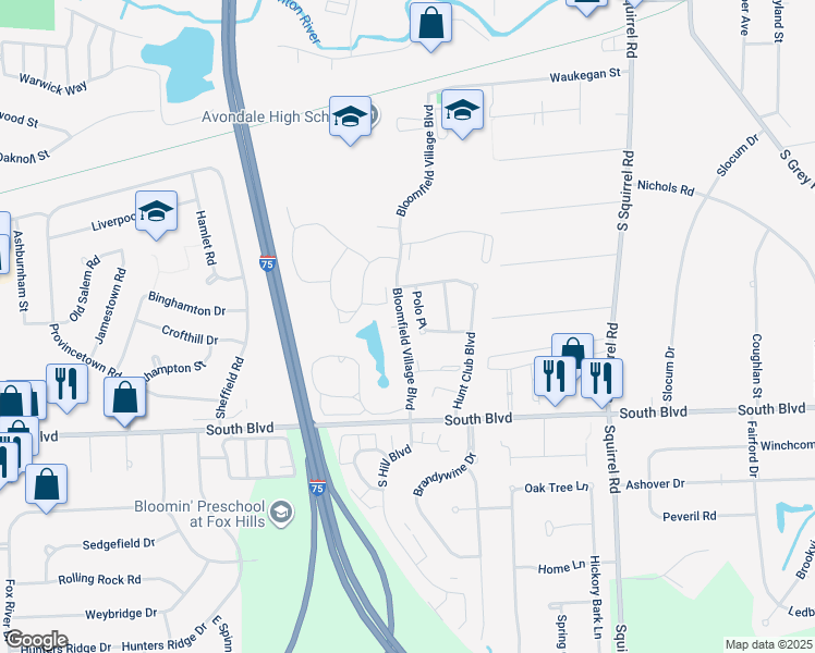 map of restaurants, bars, coffee shops, grocery stores, and more near 822 Bloomfield Village Boulevard in Auburn Hills