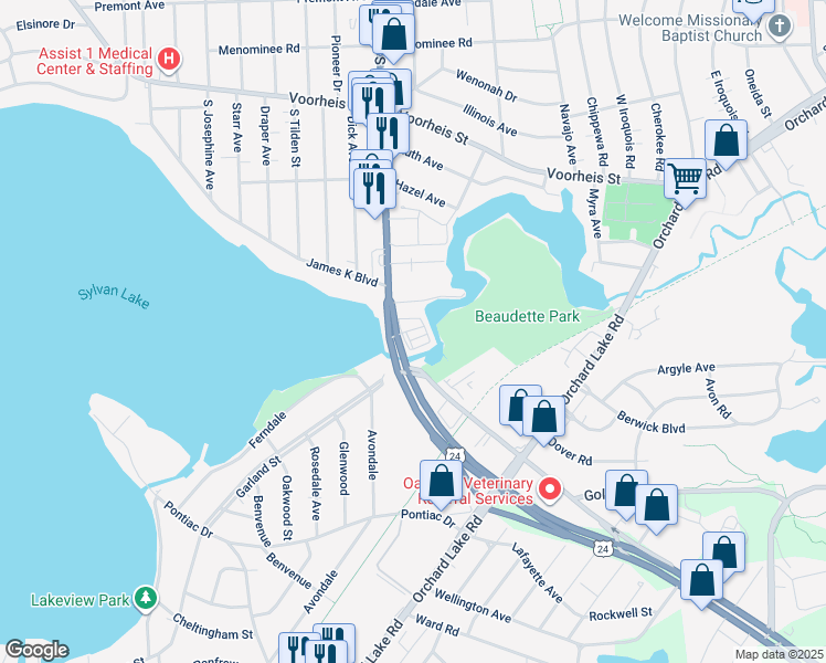 map of restaurants, bars, coffee shops, grocery stores, and more near 31-49 Canal Drive in Pontiac