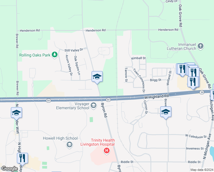map of restaurants, bars, coffee shops, grocery stores, and more near 1000 West Highland Road in Howell