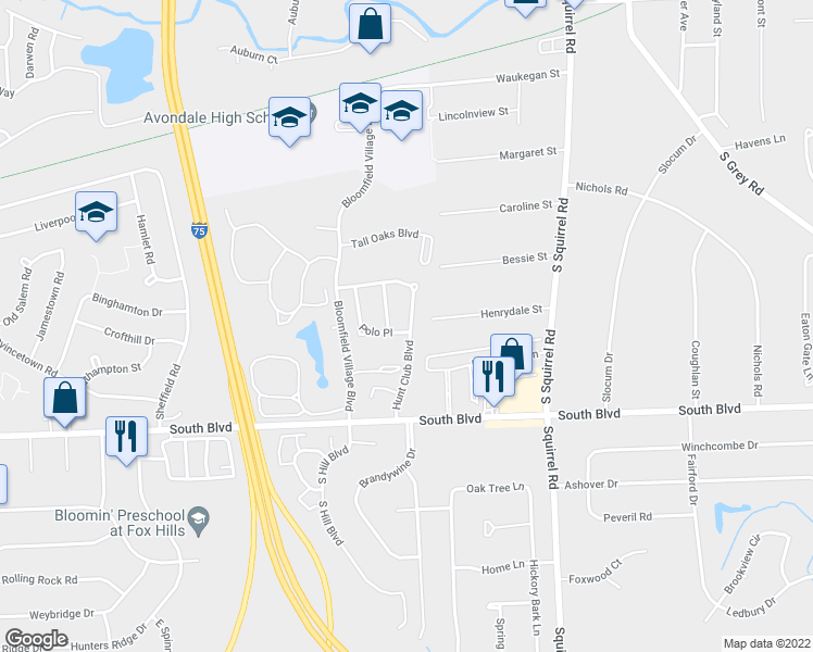 map of restaurants, bars, coffee shops, grocery stores, and more near 890 Hunt Club Boulevard in Auburn Hills