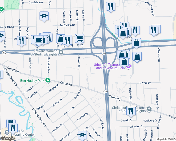 map of restaurants, bars, coffee shops, grocery stores, and more near 44459 Patricia Drive in Sterling Heights