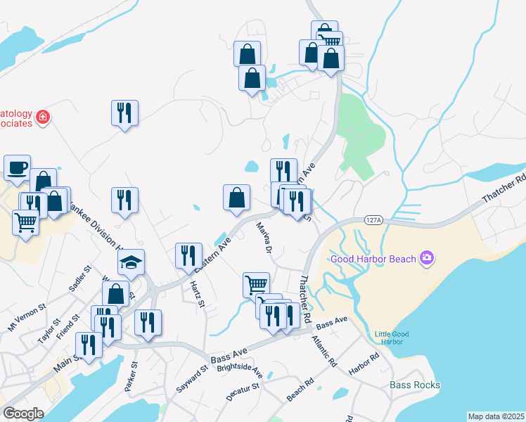 map of restaurants, bars, coffee shops, grocery stores, and more near 126 Eastern Avenue in Gloucester