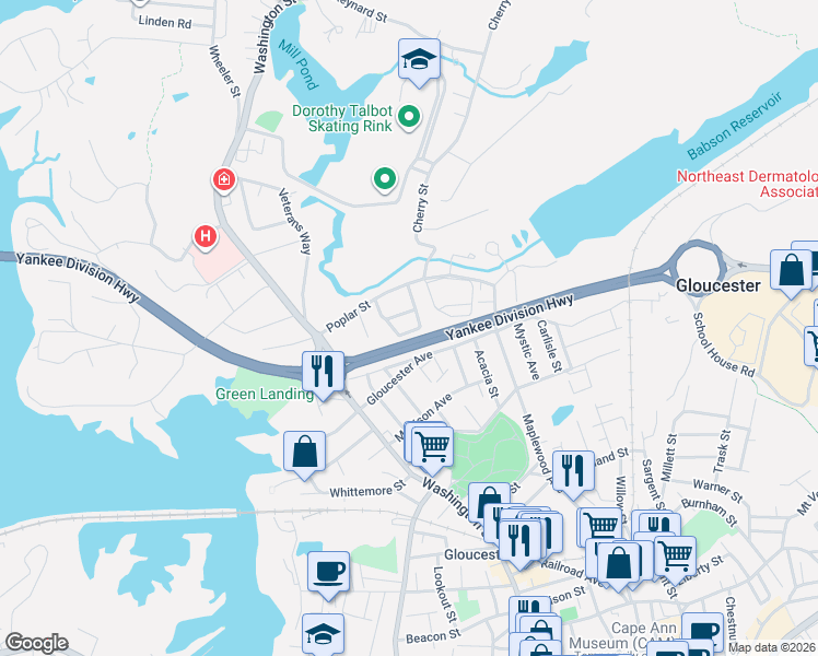 map of restaurants, bars, coffee shops, grocery stores, and more near 6 Foley Road in Gloucester