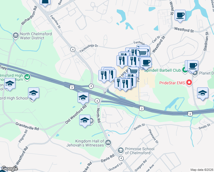 map of restaurants, bars, coffee shops, grocery stores, and more near 101 Drum Hill Road in Chelmsford
