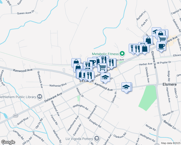 map of restaurants, bars, coffee shops, grocery stores, and more near 10 Hallwood Road in Delmar