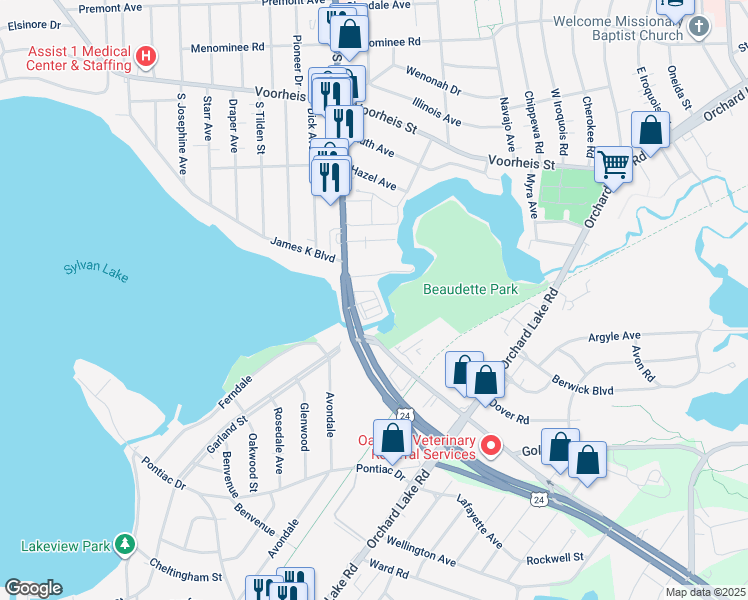 map of restaurants, bars, coffee shops, grocery stores, and more near 12 Riverbank Drive in Pontiac