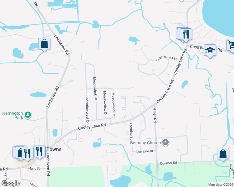 map of restaurants, bars, coffee shops, grocery stores, and more near 6028 Meadowgreene Drive in Waterford Township