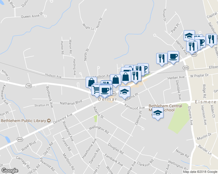 map of restaurants, bars, coffee shops, grocery stores, and more near 5 Grove Street in Delmar