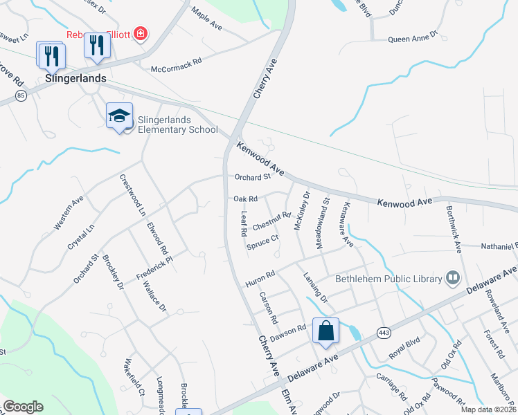 map of restaurants, bars, coffee shops, grocery stores, and more near 23 Oak Rd in Delmar