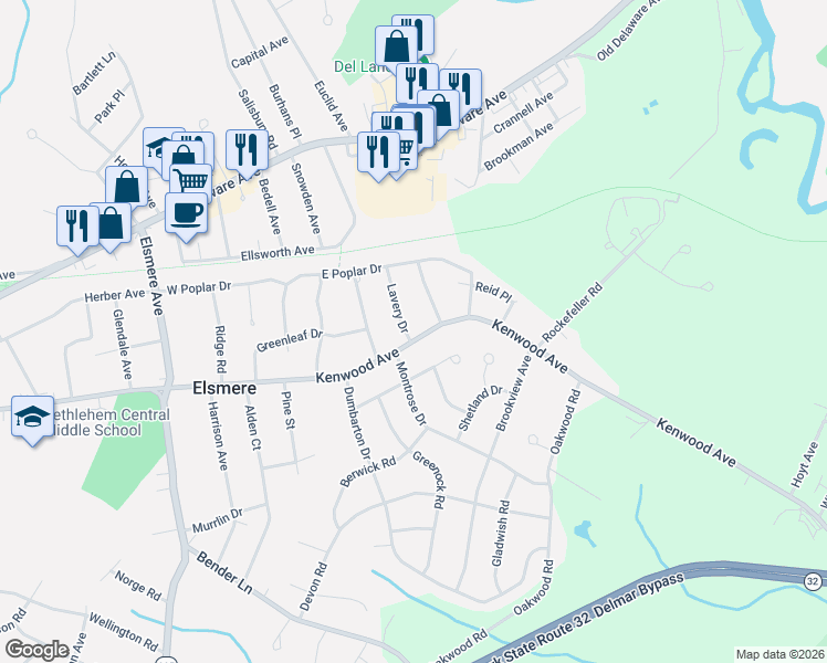 map of restaurants, bars, coffee shops, grocery stores, and more near 8 Clermont Street in Delmar