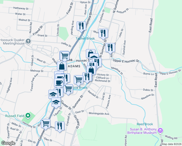 map of restaurants, bars, coffee shops, grocery stores, and more near 4 Weber Street in Adams