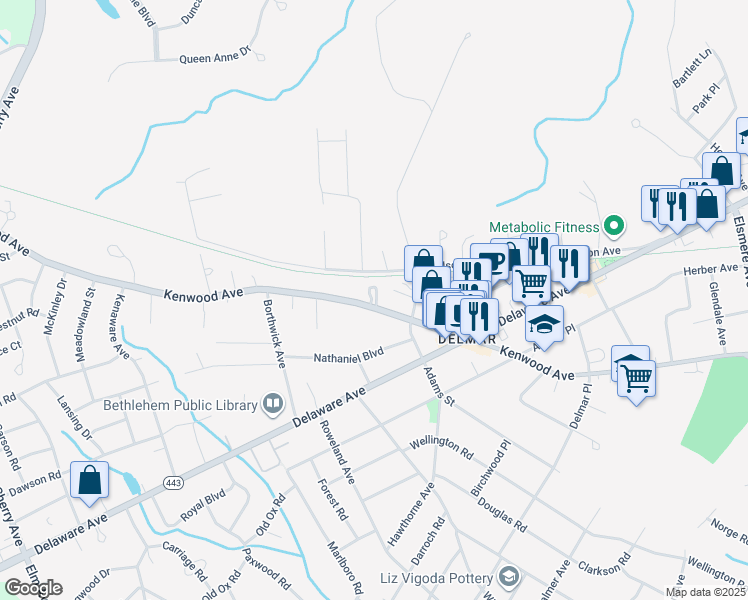 map of restaurants, bars, coffee shops, grocery stores, and more near 3 Taylor Terrace in Delmar