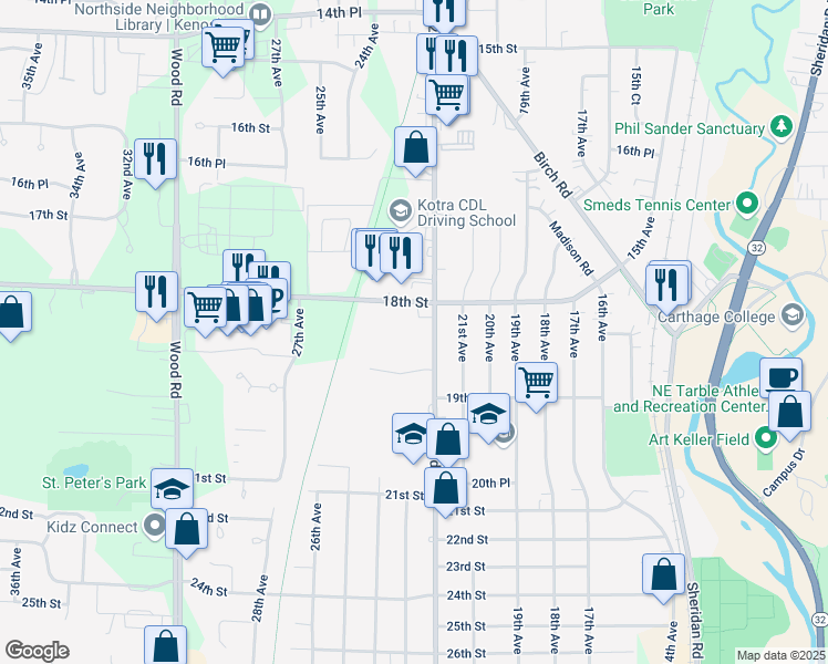 map of restaurants, bars, coffee shops, grocery stores, and more near 1800 22nd Avenue in Kenosha