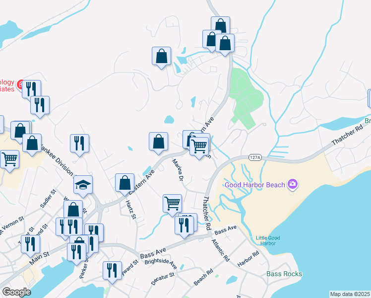 map of restaurants, bars, coffee shops, grocery stores, and more near 126 Eastern Avenue in Gloucester