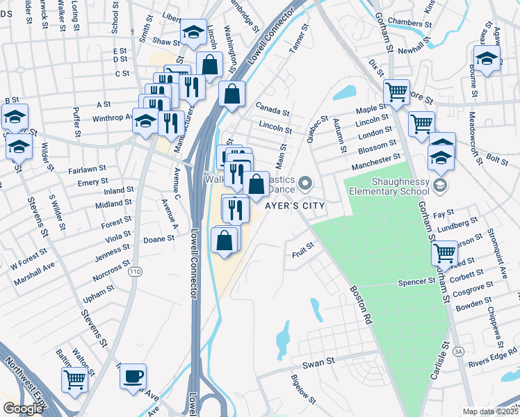 map of restaurants, bars, coffee shops, grocery stores, and more near 247 Plain Street in Lowell