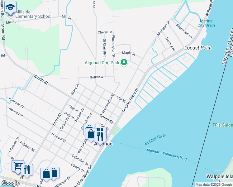 map of restaurants, bars, coffee shops, grocery stores, and more near 1736 Washington Street in Algonac
